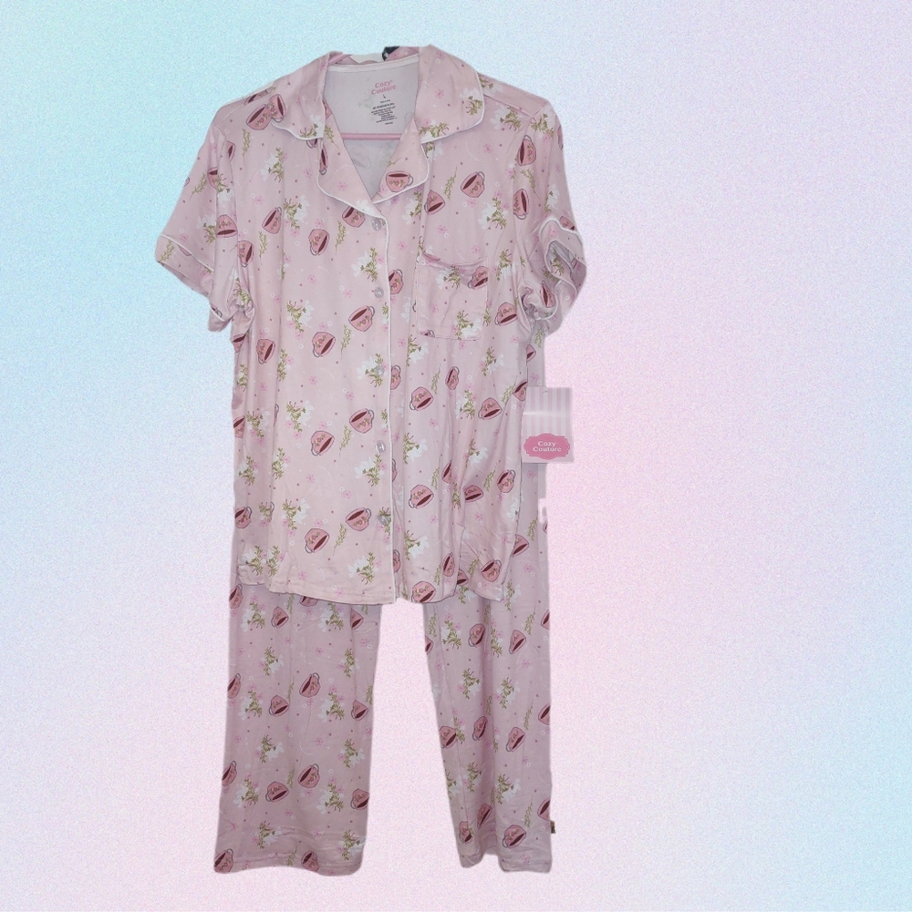 Cozy Light Pink 2-pc PJ Set of 2 Tea Party Theme NWT